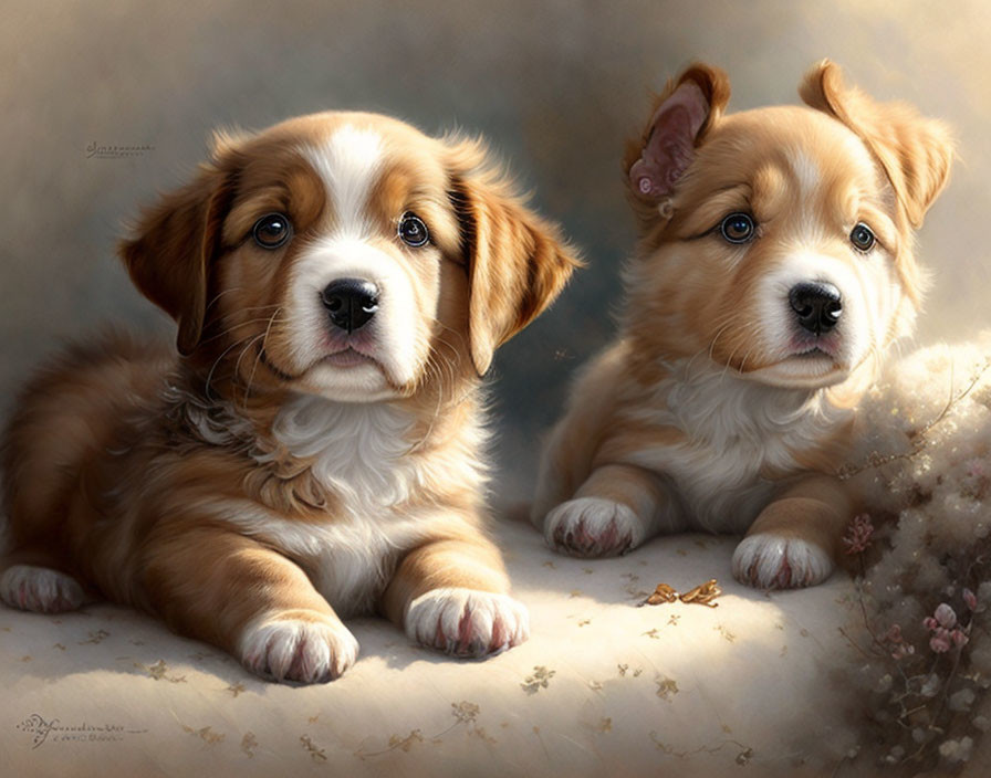 Fluffy Brown and White Puppies with Glossy Eyes Resting Serenely