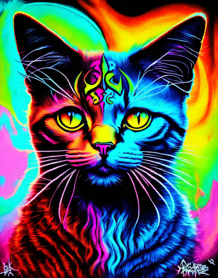 Colorful psychedelic cat portrait with intricate markings.