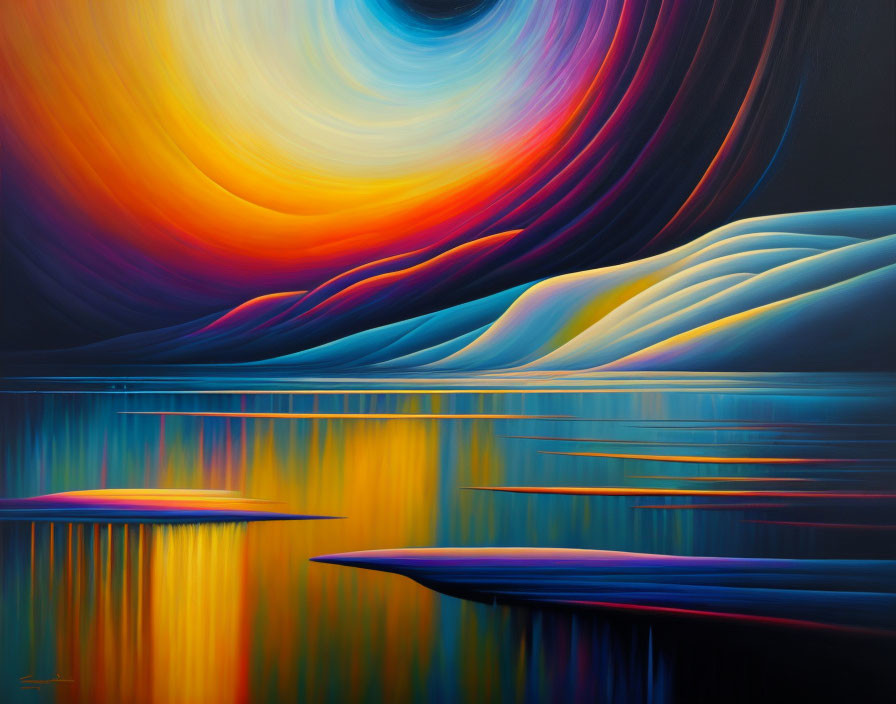 Colorful abstract painting: Swirling colors over serene blue hills and water.