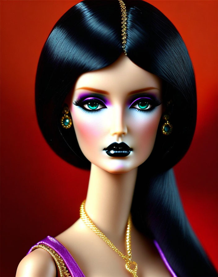 Doll with Striking Makeup and Gold Jewelry on Red Background