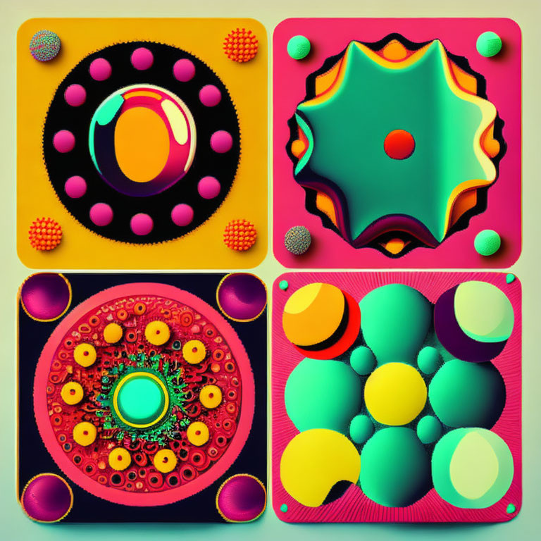 Abstract art designs with vibrant shapes on split background.