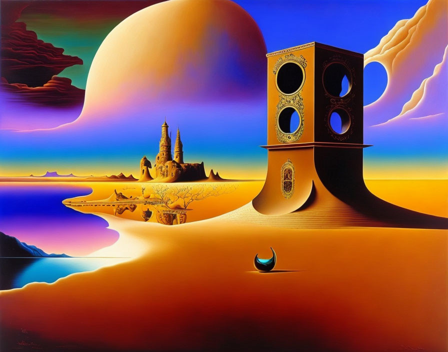 Surreal landscape featuring oversized speaker, desert, castle, floating moon, planets, vibrant colors