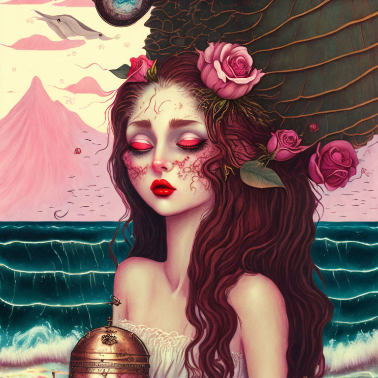 Fantasy artwork: Woman with floral adornments, blood tears, waves backdrop, surreal romantic atmosphere