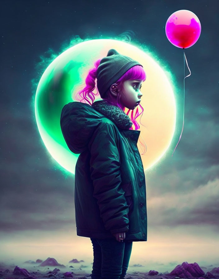 Girl with Purple Hair and Beanie Gazes at Neon Green Moon with Pink Balloon