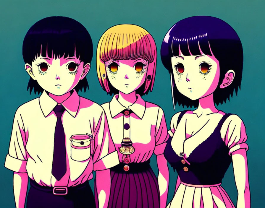 Three Anime-Style Girls in School Uniforms and Purple Dress on Teal Background