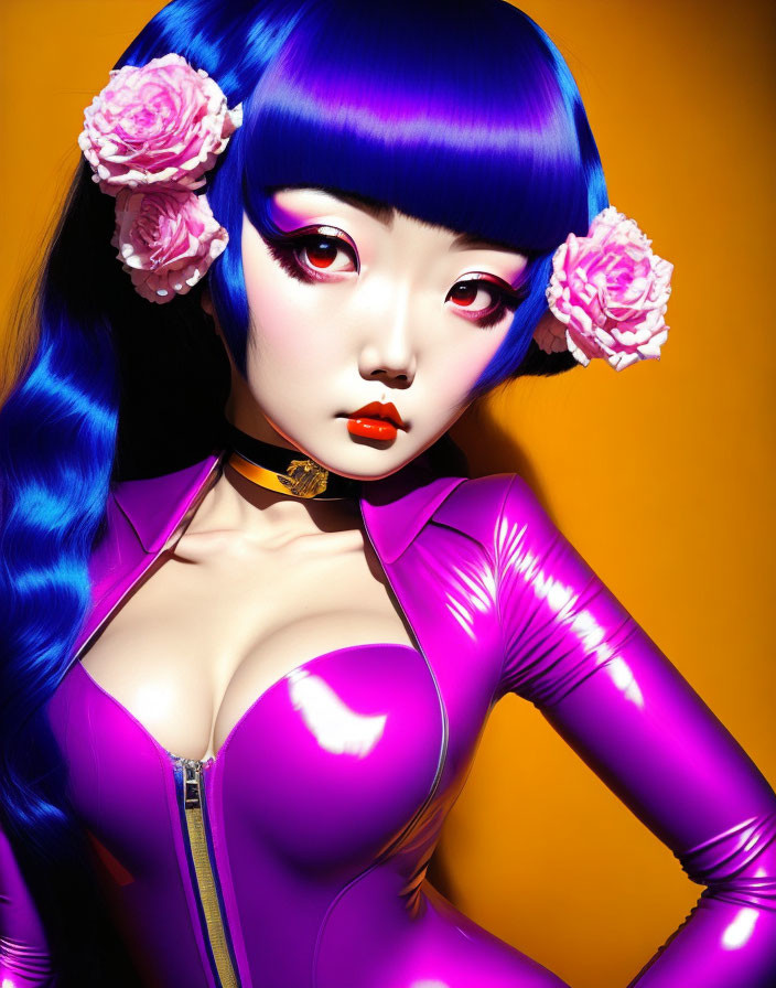 Digital artwork: Female character with blue hair, pink flowers, red eyes, glossy pink bodysuit