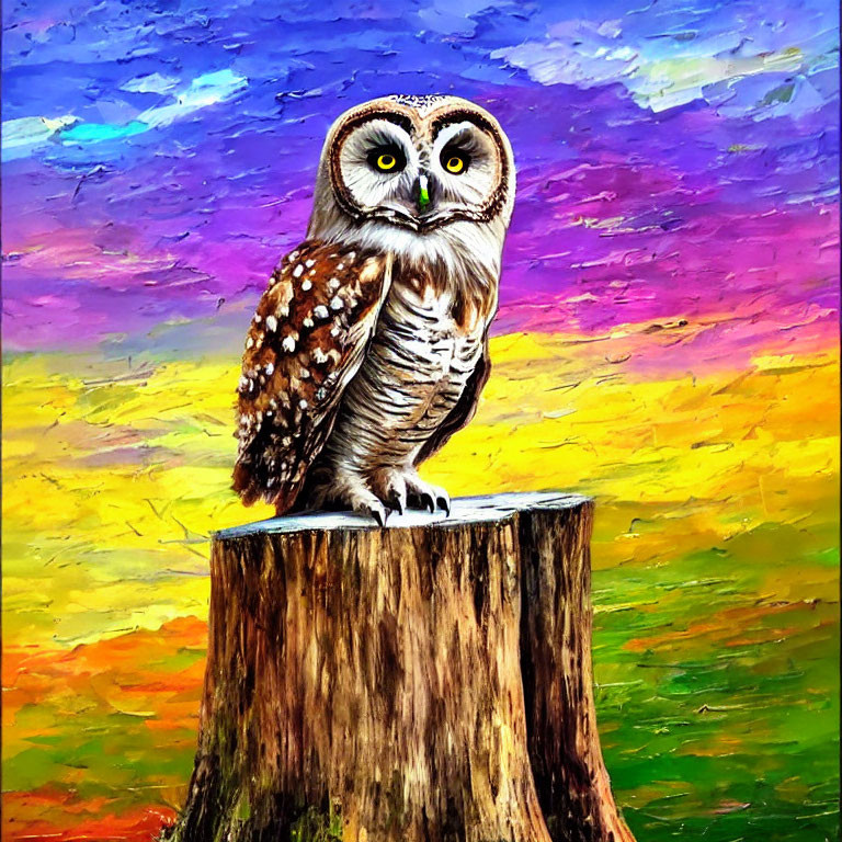 Striking Owl with Large Yellow Eyes Perched on Tree Stump