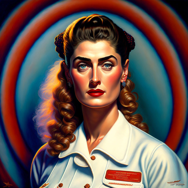 Vintage-style portrait of woman with wavy hair and blue eyes in white shirt on red-orange background