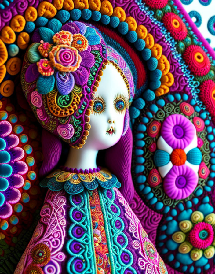 Colorful doll artwork with expressive eyes and intricate patterns