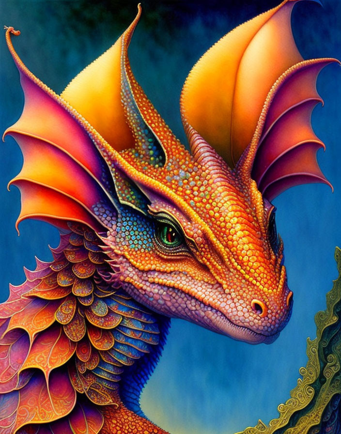 Detailed dragon illustration with multi-colored scales and orange wings