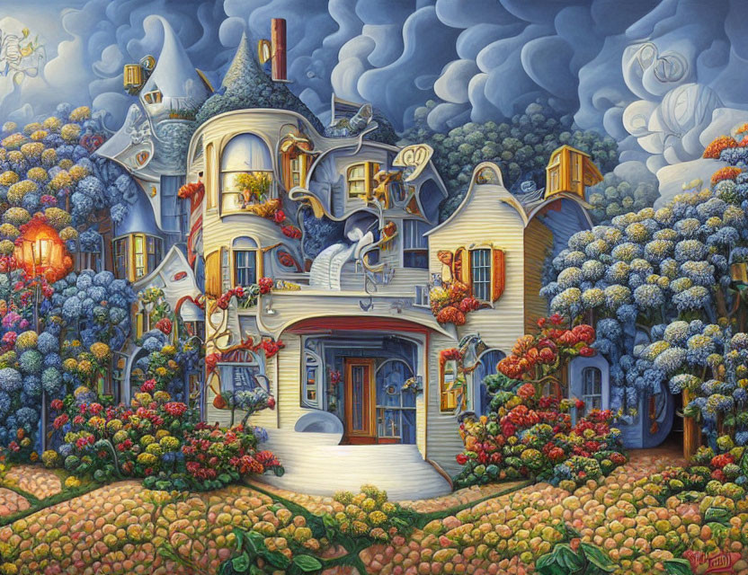 Surreal Victorian house painting with oversized floral bushes