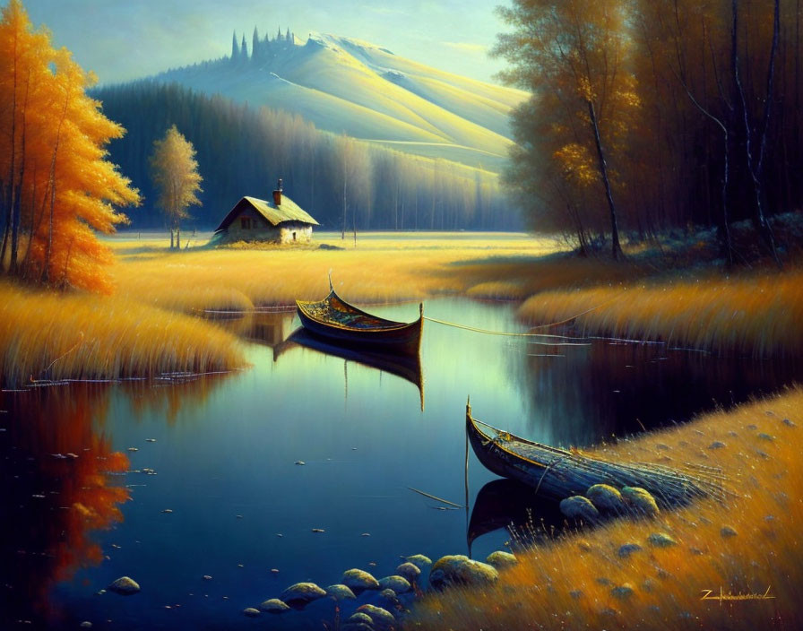 Tranquil autumn lake scene with cabin, trees, mountains, and boats