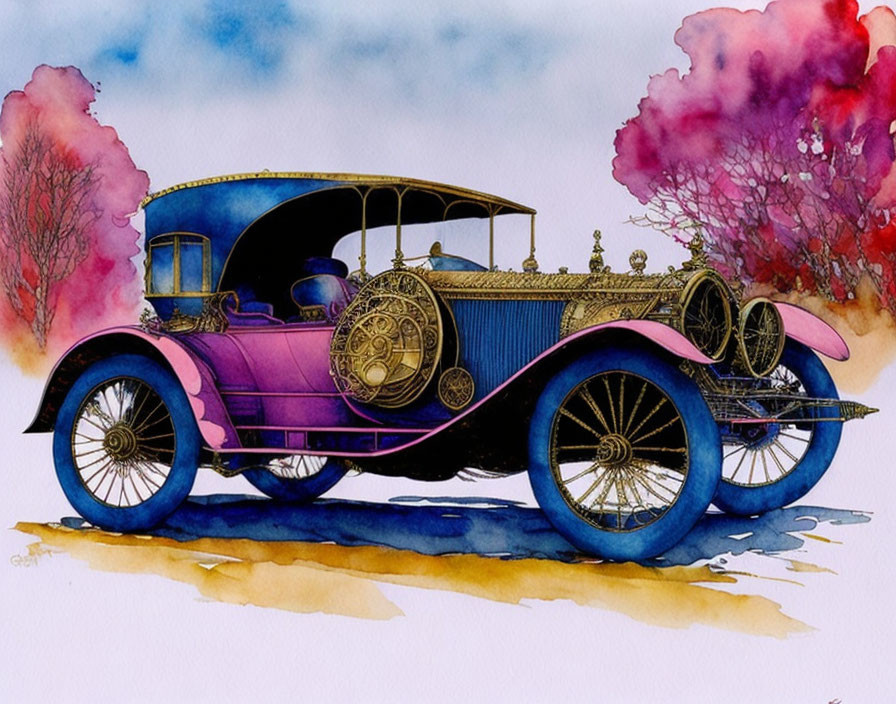 Vintage car illustration in purple and gold colors on a backdrop of pink clouds