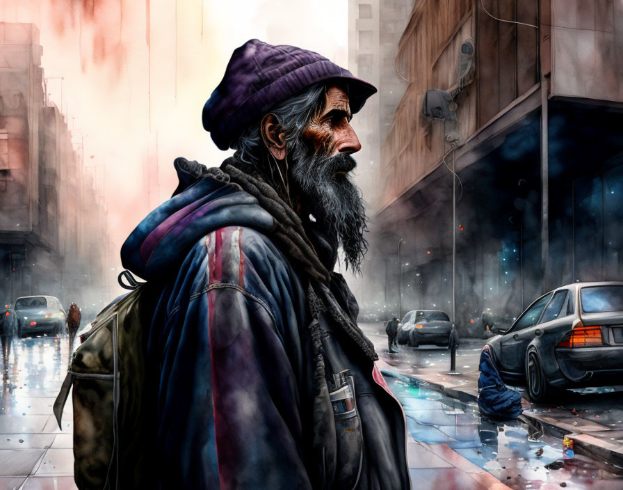 Bearded man in purple hat gazes over shoulder in rainy urban scene