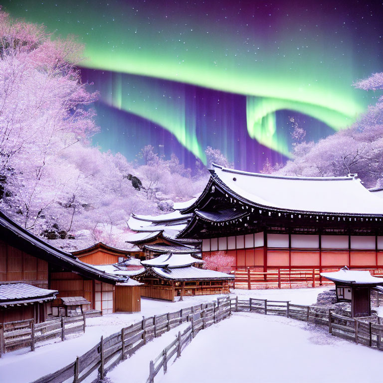 Traditional Temple Covered in Snow Under Vibrant Aurora Borealis