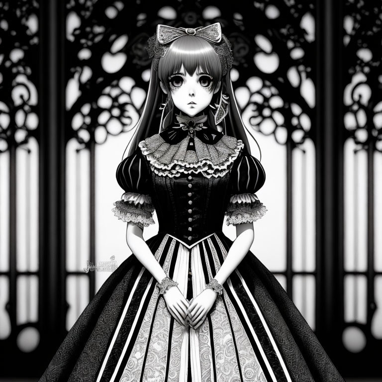 Gothic Lolita Girl in Dress with Bow at Ornate Window