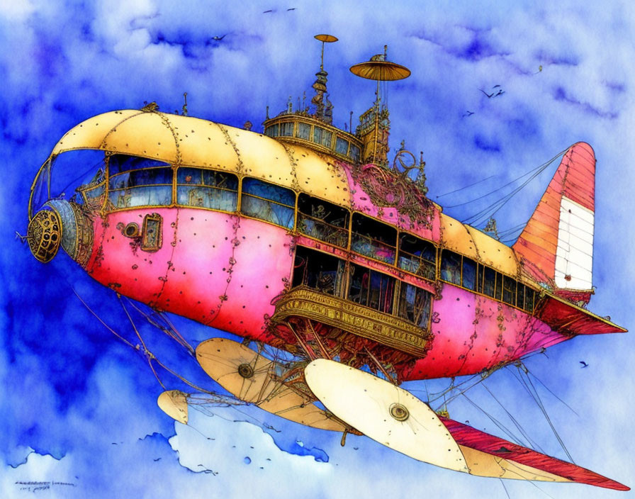 Whimsical Victorian flying ship in pink and yellow hues on blue sky