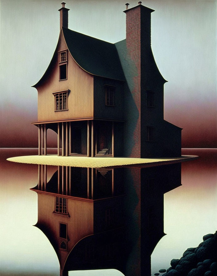 Surrealist upside-down house painting with reflection on water at dusk or dawn