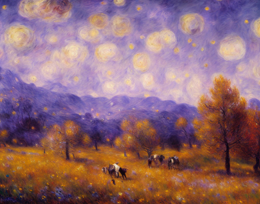 Purple Field with Trees, Cows, and Swirling Yellow Orbs at Dusk