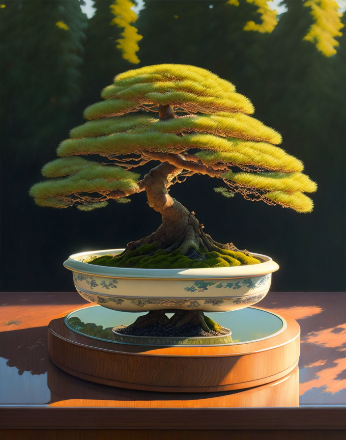 Lush green bonsai tree in decorative pot on wooden turntable