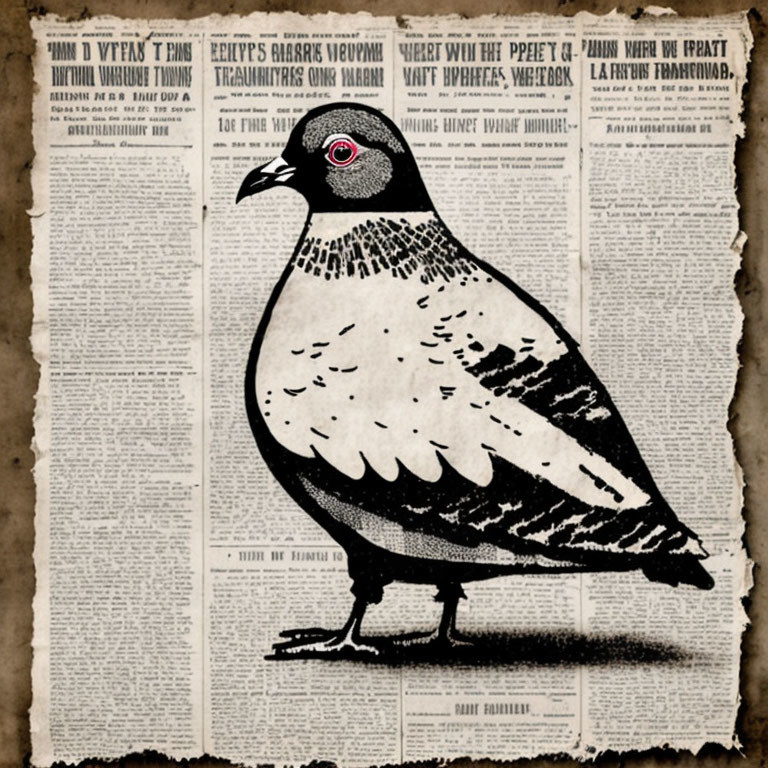 Stylized pigeon illustration on vintage newspaper background with red-eye detail