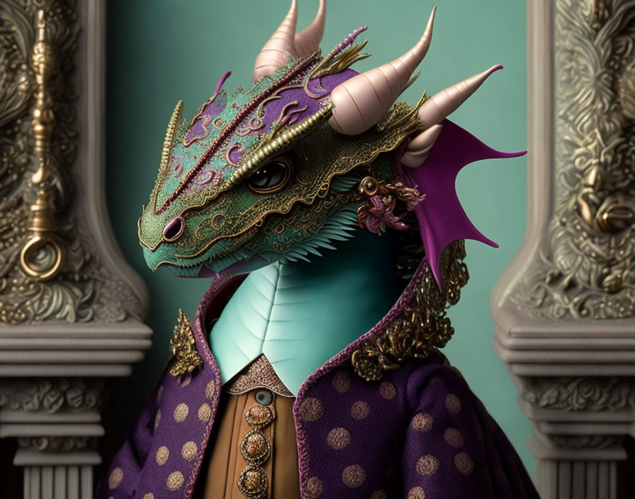 Intricate dragon in purple robe against ornate backdrop