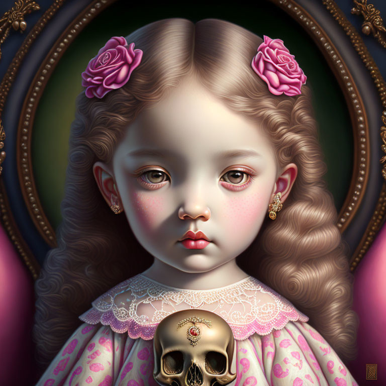 Digital artwork of a young girl with roses, golden earrings, skull pendant, and intricate hair.