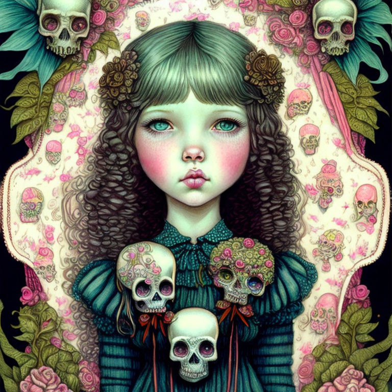 Girl with large eyes and skulls & flowers on dark background