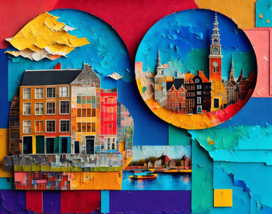 Colorful European Cityscape Collage with Clock Tower and Boats