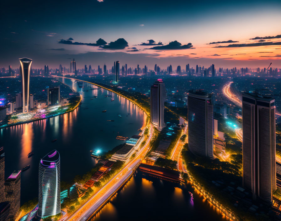 Modern city skyline at dusk with skyscrapers, river, illuminated buildings, and vibrant sunset.