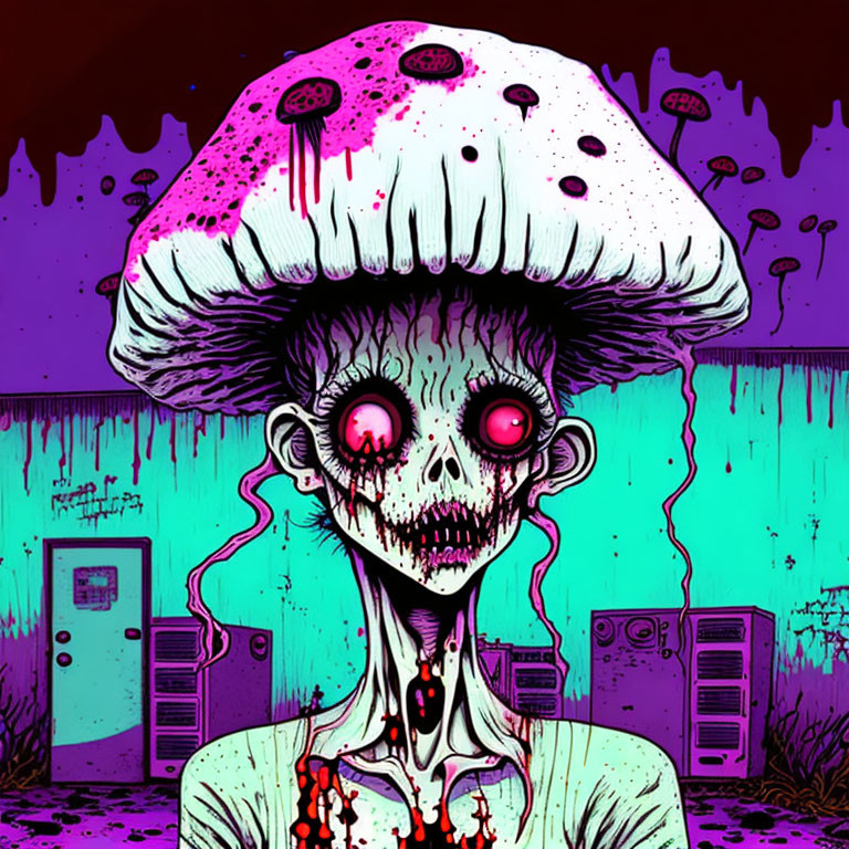 Character with Mushroom Head in Ominous Urban Scene