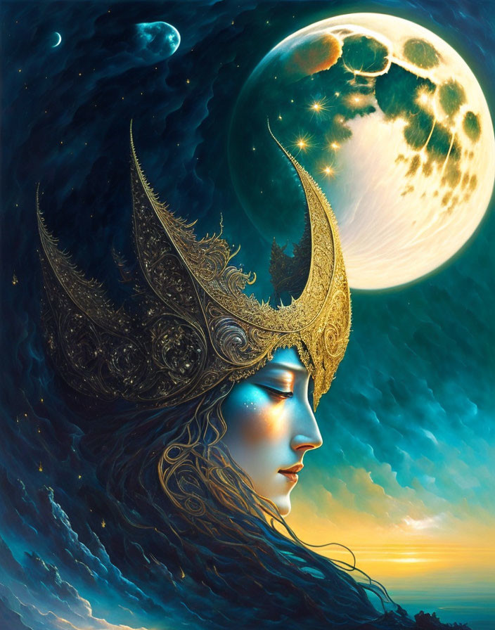 Woman with ornate golden headdress against starry sky and moon