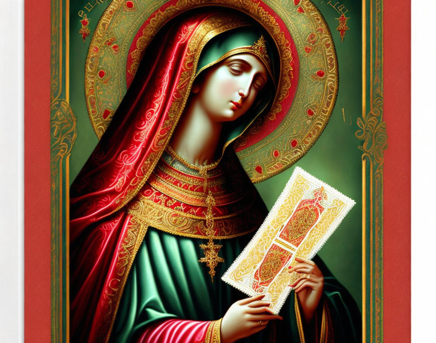 Religious painting of Virgin Mary in red and gold cloak with scroll, somber expression, against red