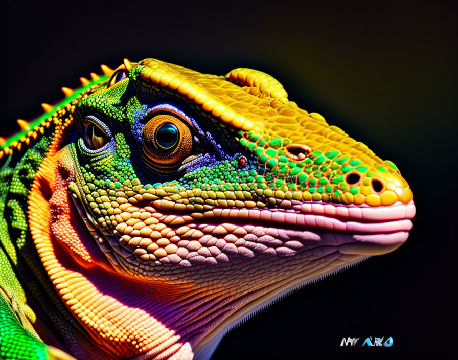 Colorful lizard head with intricate scales and piercing eyes on dark background