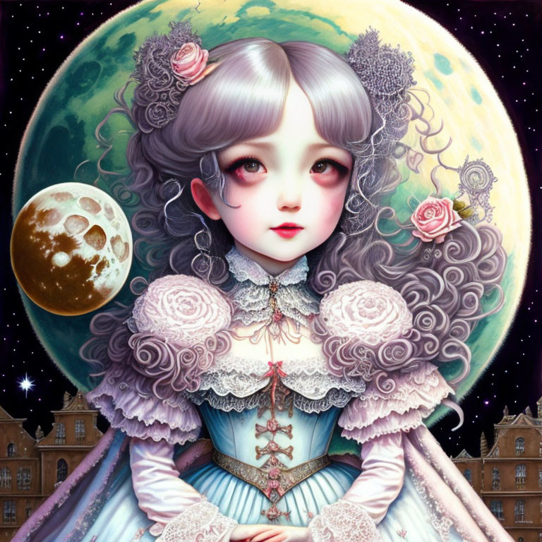 Digital Artwork: Girl with Large Eyes and Grey Hair in Moonlit Landscape