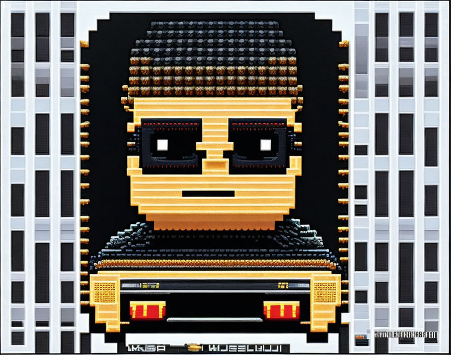 Person in sunglasses and headband driving vehicle in pixel art style on striped background