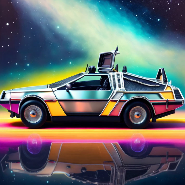 Retro-futuristic DeLorean with open gull-wing door on reflective surface against neon-l