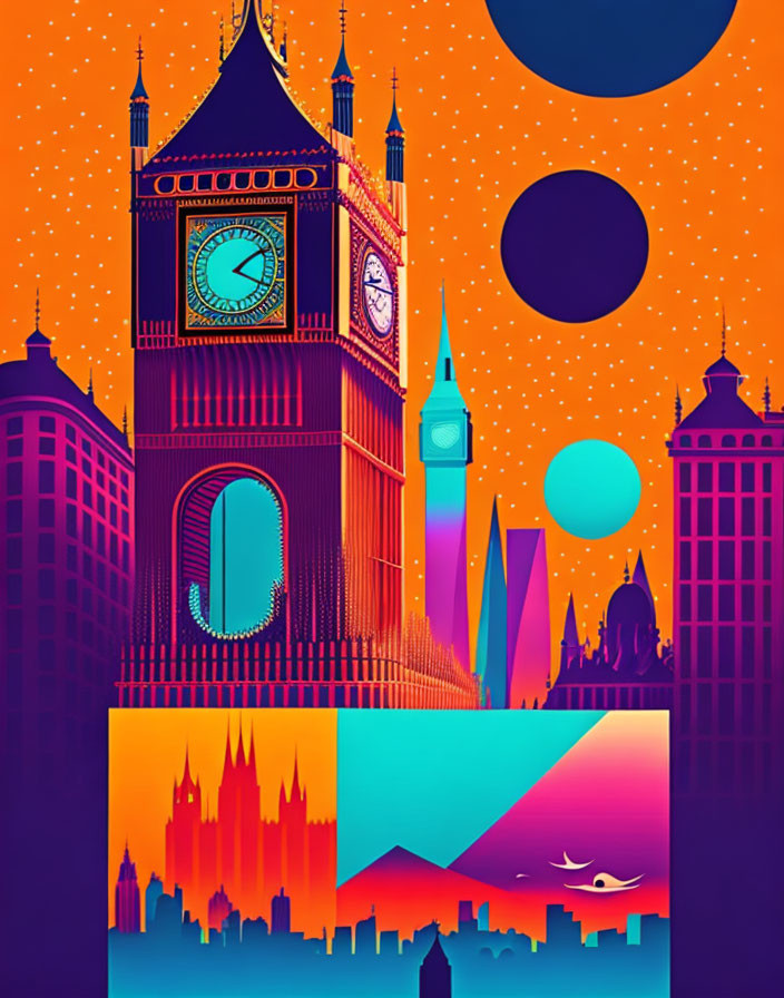 Colorful Stylized Illustration of London's Big Ben & Skyline