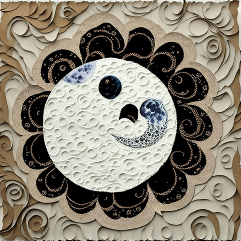 Textured Smiling Crescent Moon with Floral Patterns in Brown and Beige