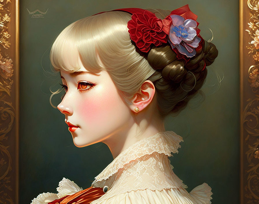 Digital portrait of a woman with fair skin, styled hair, red floral accessory, expressive eyes, vintage