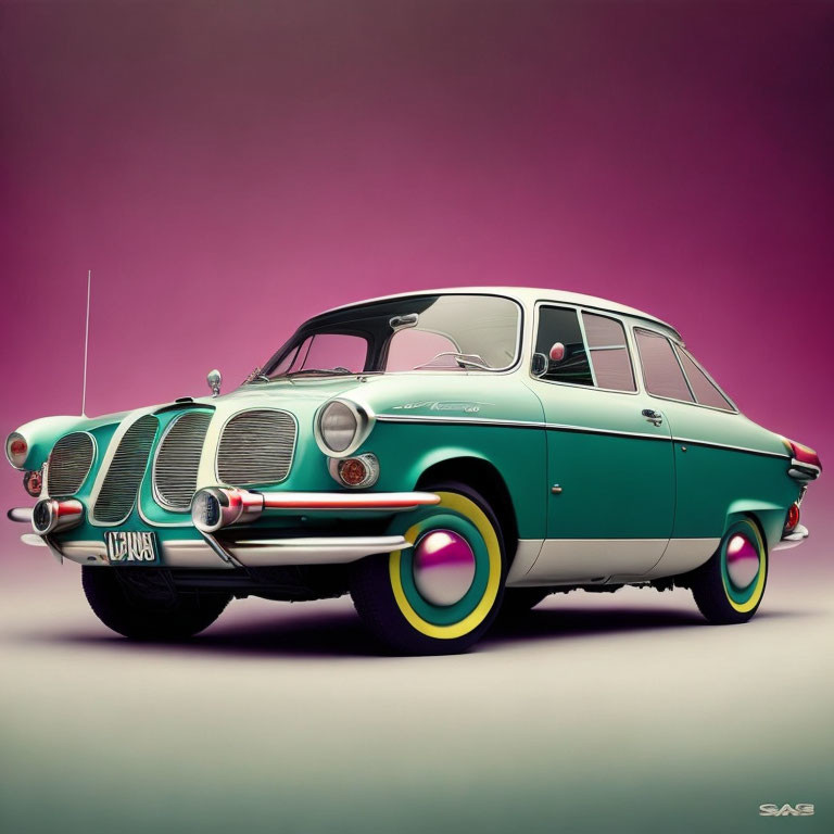 Vintage Teal Car with White Roof and Round Headlights on Pink Background