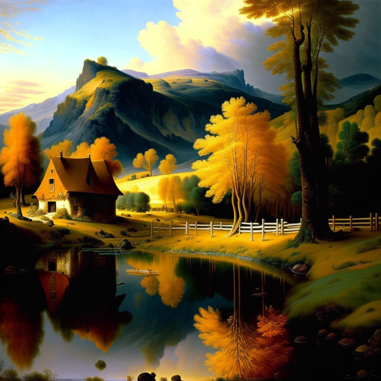 Scenic autumn landscape with house by lake and mountains