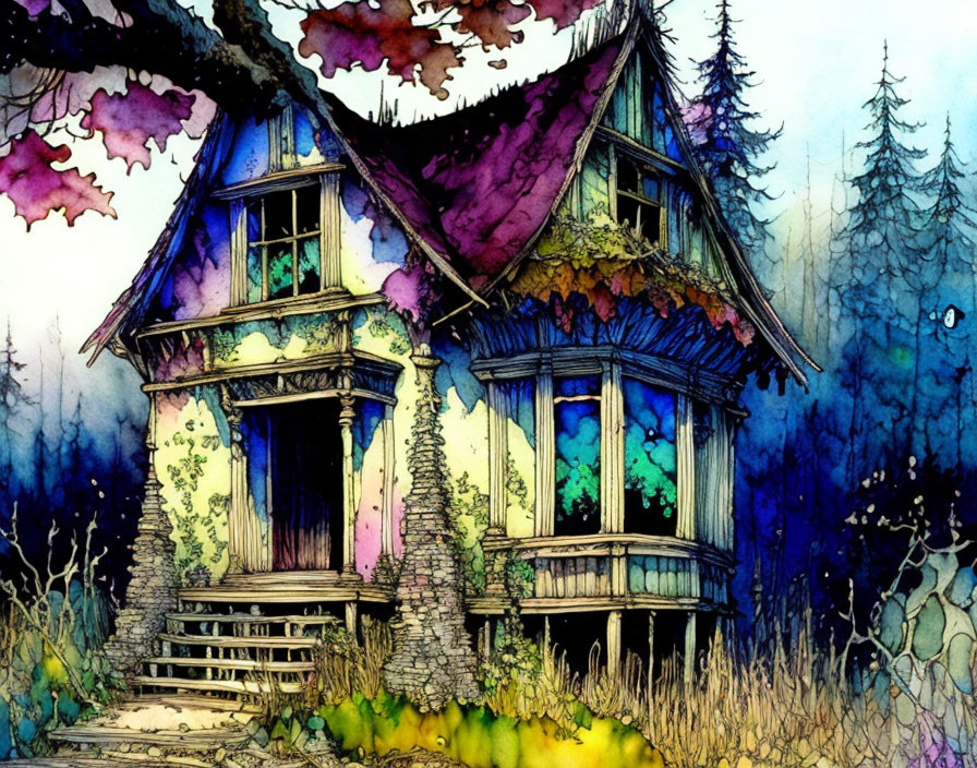 Colorful Victorian House in Mystical Forest