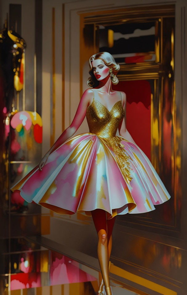 Stylized woman in golden dress with vintage hairstyle on colorful poster