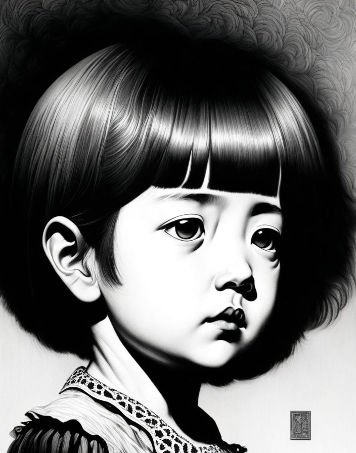 Monochromatic portrait of young child with bangs and frilled collar in contemplative expression against pattern