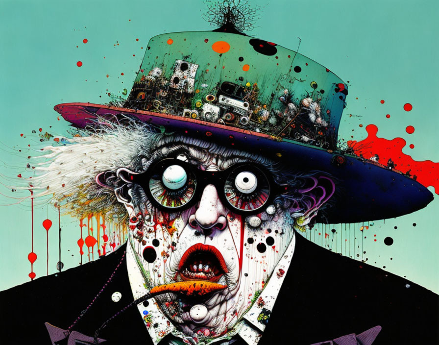 Vibrant artwork featuring person with large glasses and chaotic hat