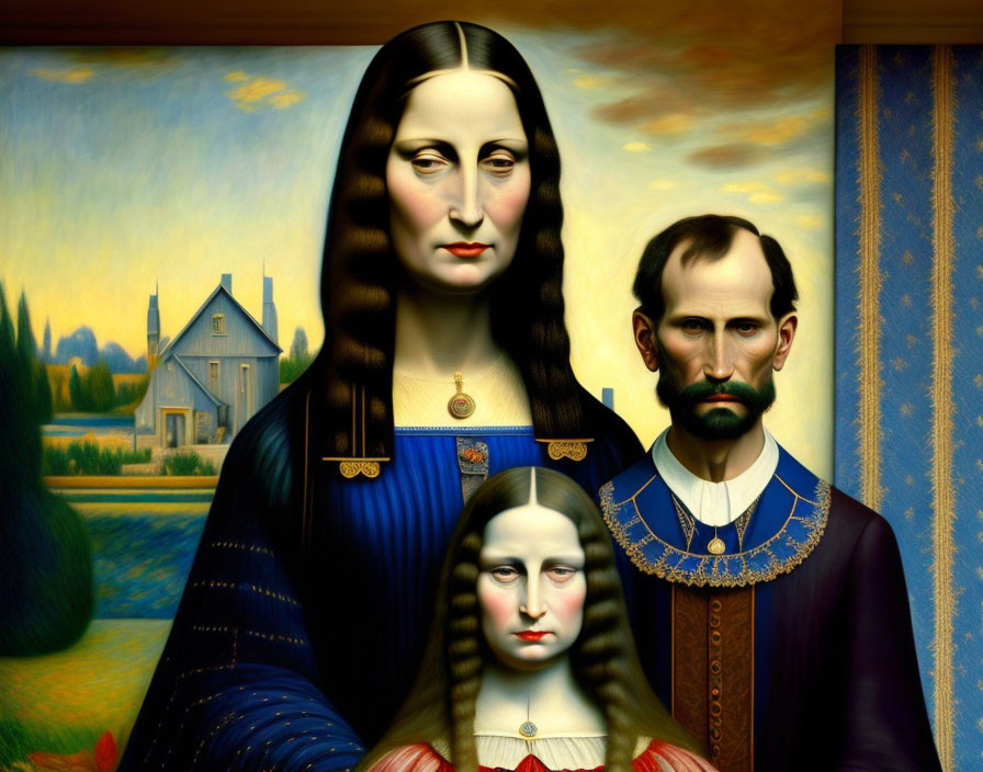 Exaggerated surreal family portrait with intense expressions