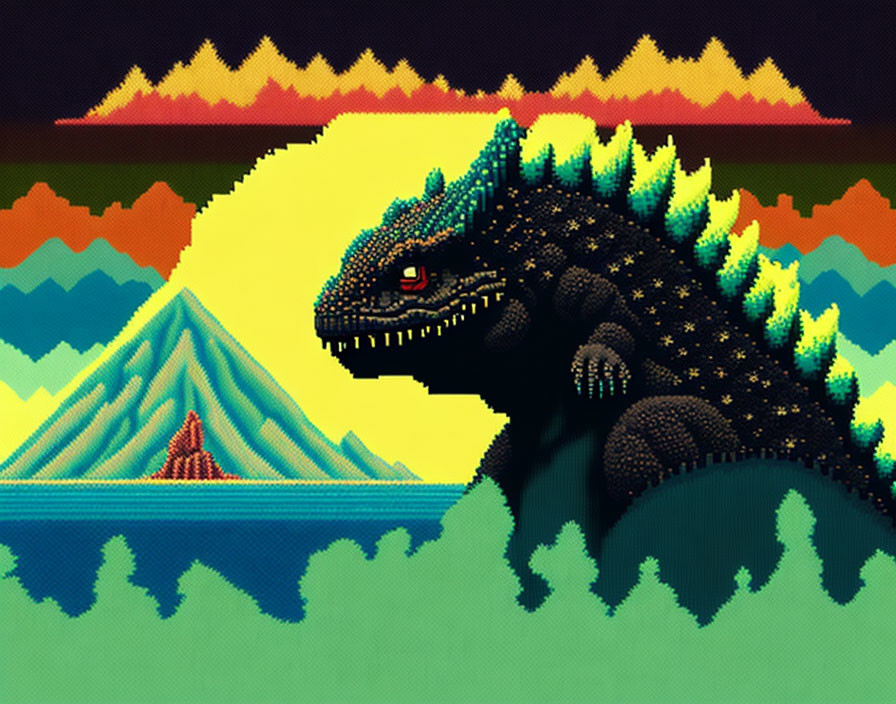 Starry Godzilla-like monster in retro mountain landscape