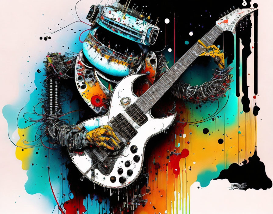 Abstract illustration of robotic figure playing electric guitar in colorful paint splashes.