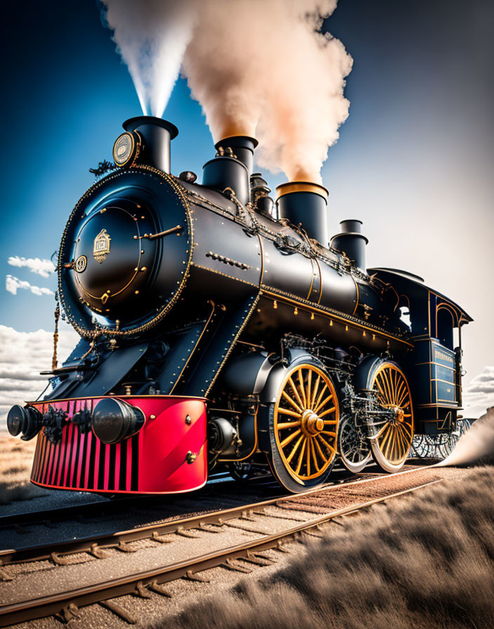 Vintage Black Steam Locomotive with Golden Accents on Tracks under Dramatic Cloudy Sky